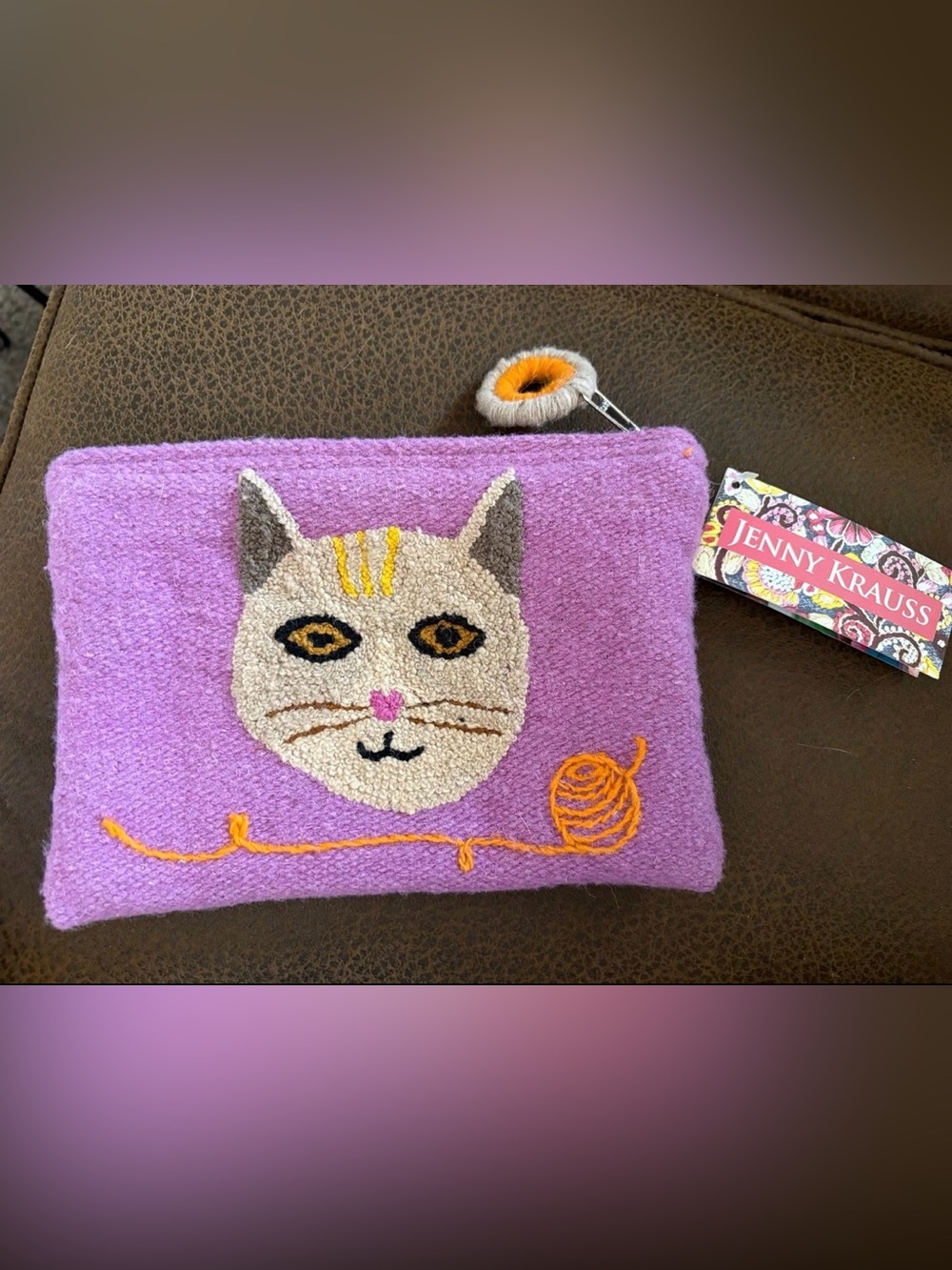Jenny Krauss Handcrafted Cat Punch Needle Pouch Bag NWT